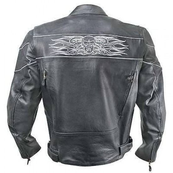 Reflective Flaming Skull Soft Thick Cowhide Leather Motorcycle Jacket 2096